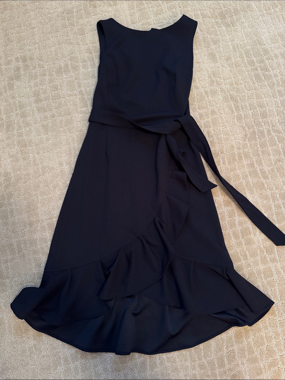 Calvin Klein Black Sleeveless Ruffle Wrap Dress with Waist Tie